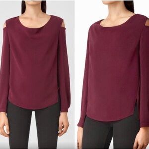 All Saints Burgundy Cold Shoulder Top